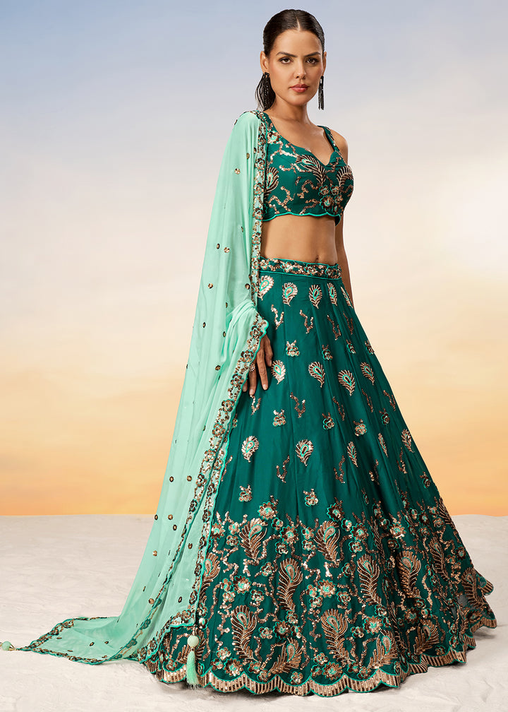 Shades Of Green Georgette Lehenga Choli Adorned with Sequins Embroidery