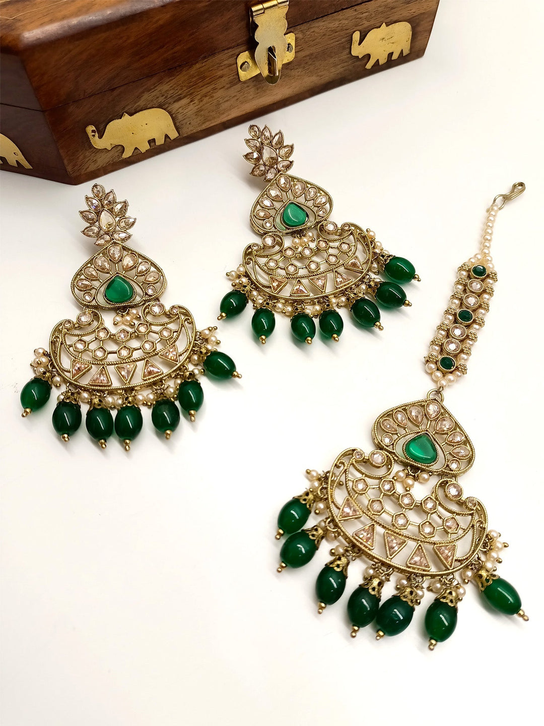 Umrao Green Polki Earrings With Teeka