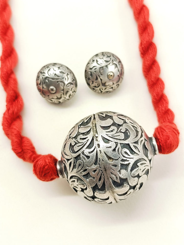 Pearl Red Oxidized Pendant Set With Ring