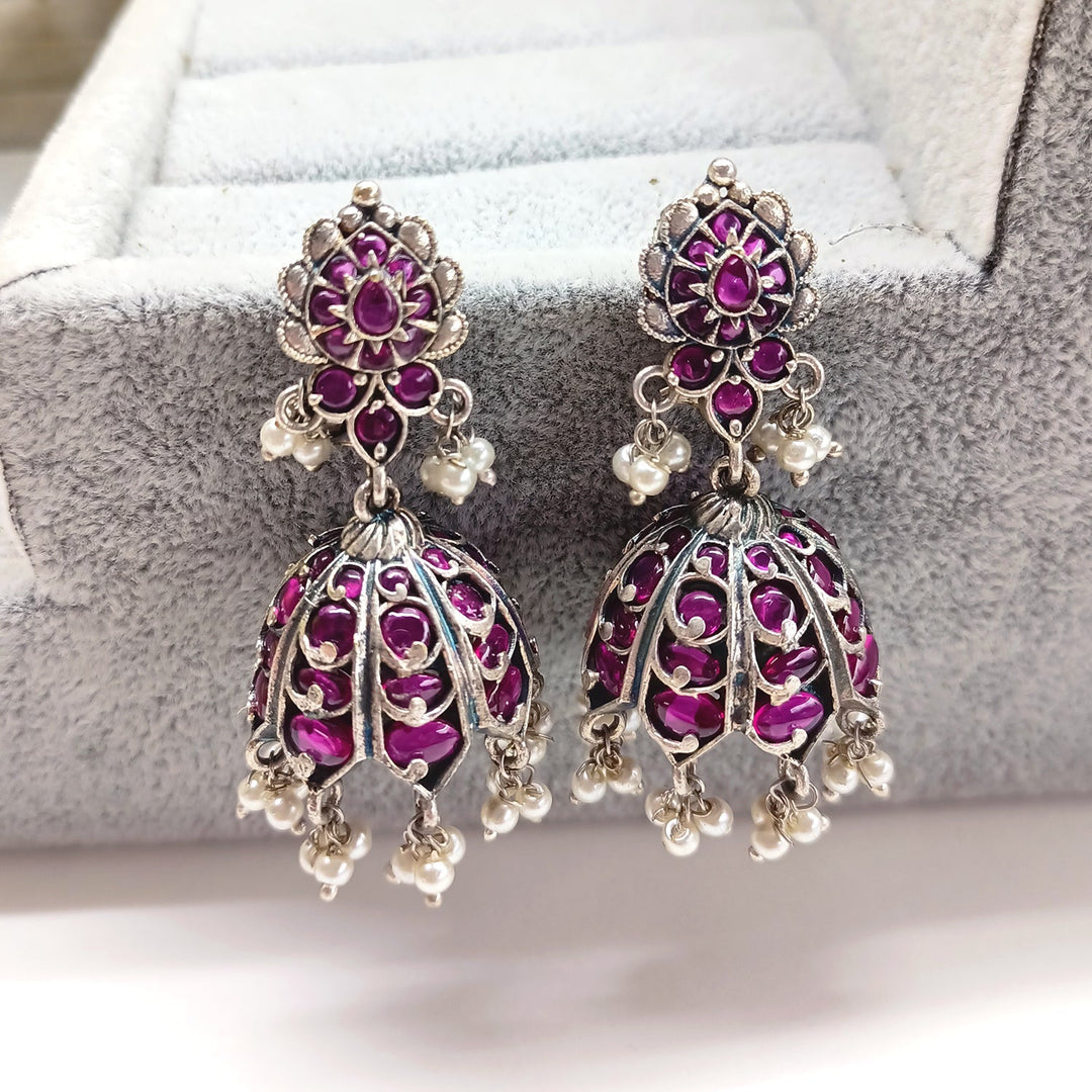 Manjari Silver Oxidised Ruby Jhumka