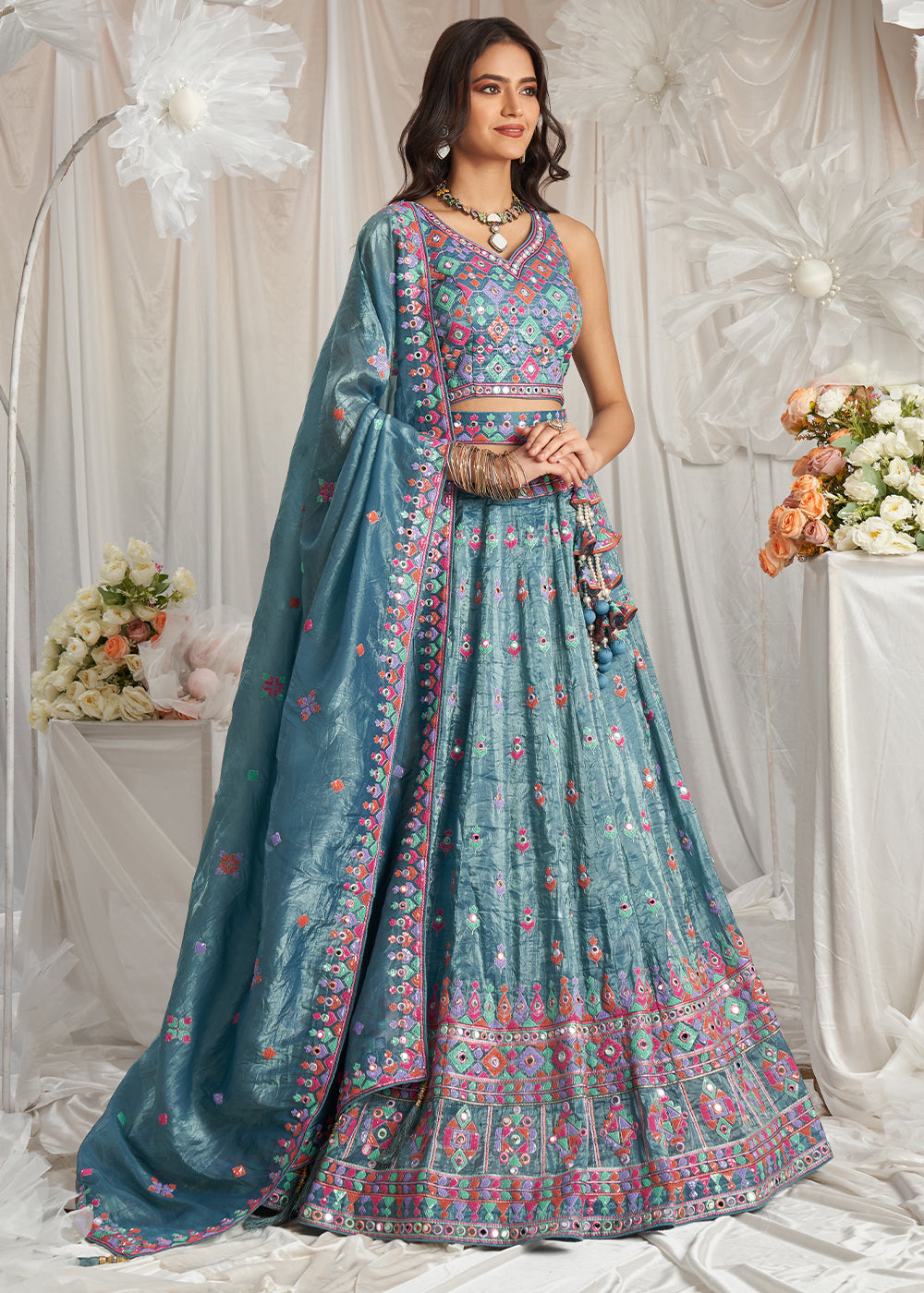 Teal Blue Organza Lehenga Choli Adorned with Sequins & Mirror Embroidery