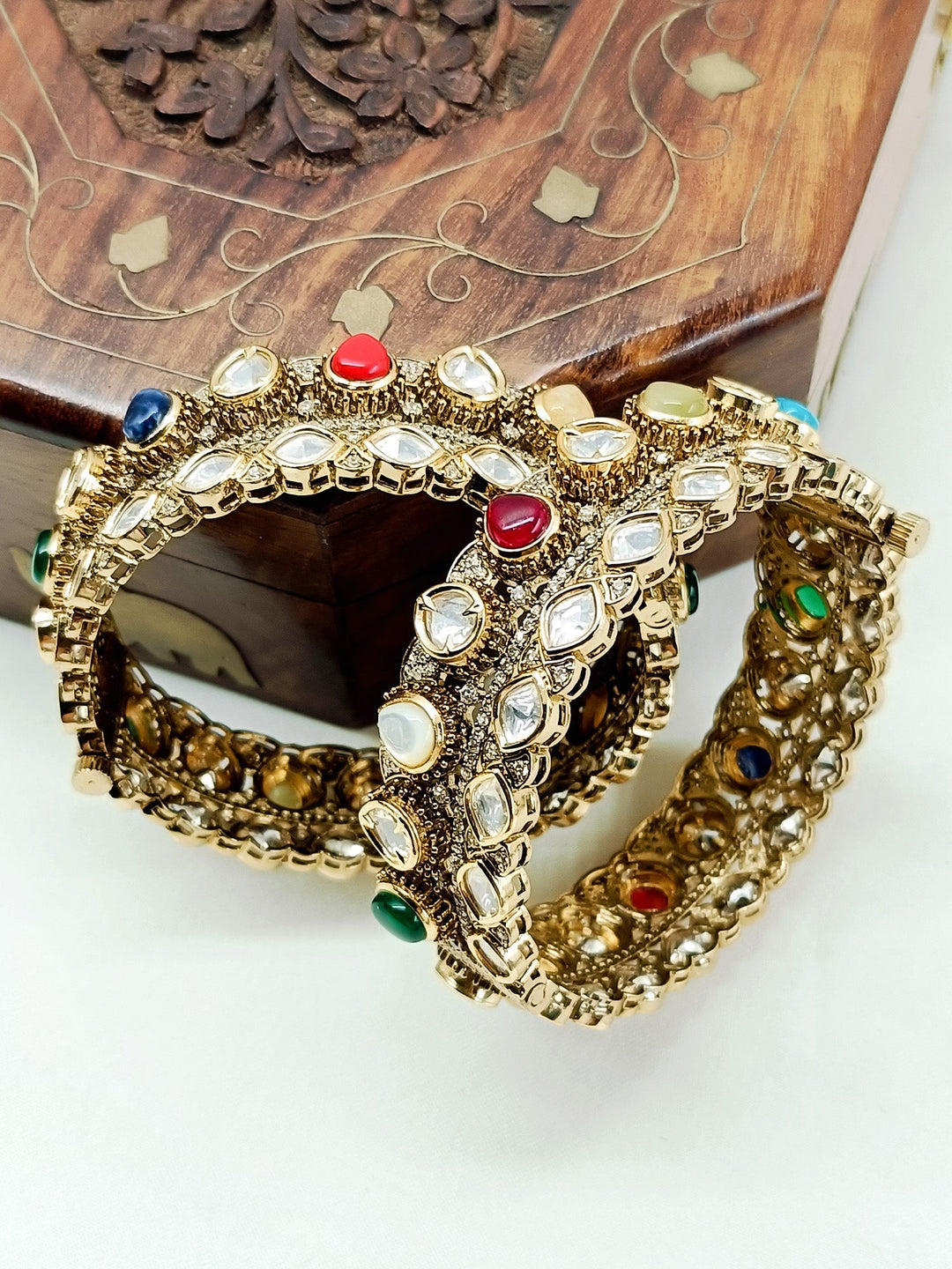 Manvita Multi Colour Victorian Bangles - Antique Gold-Plated