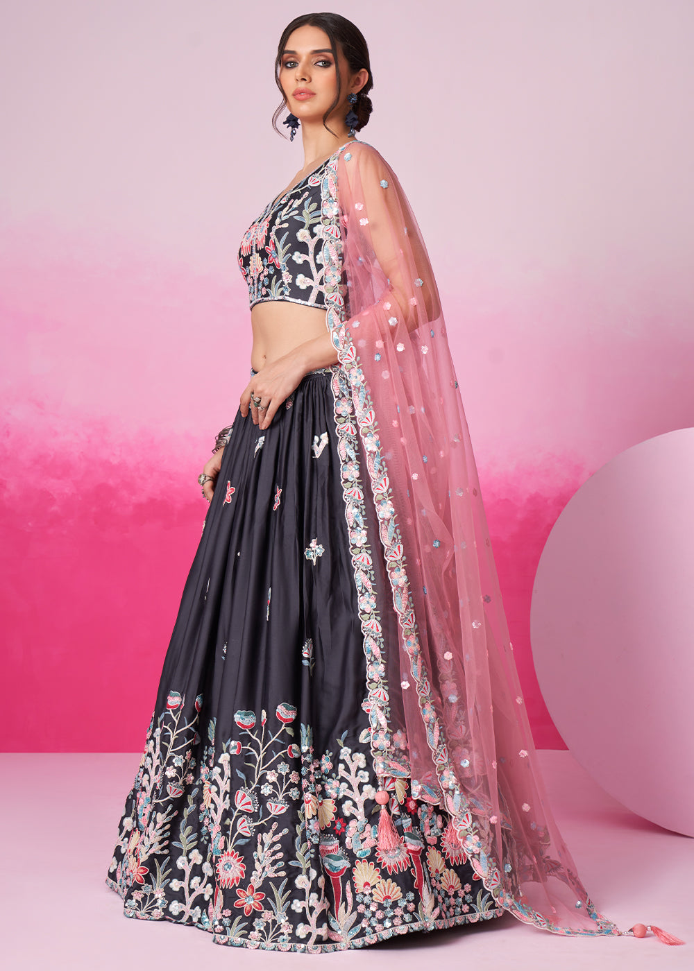 Jet Grey Satin Silk Lehenga Choli Adorned with Sequins Embroidery