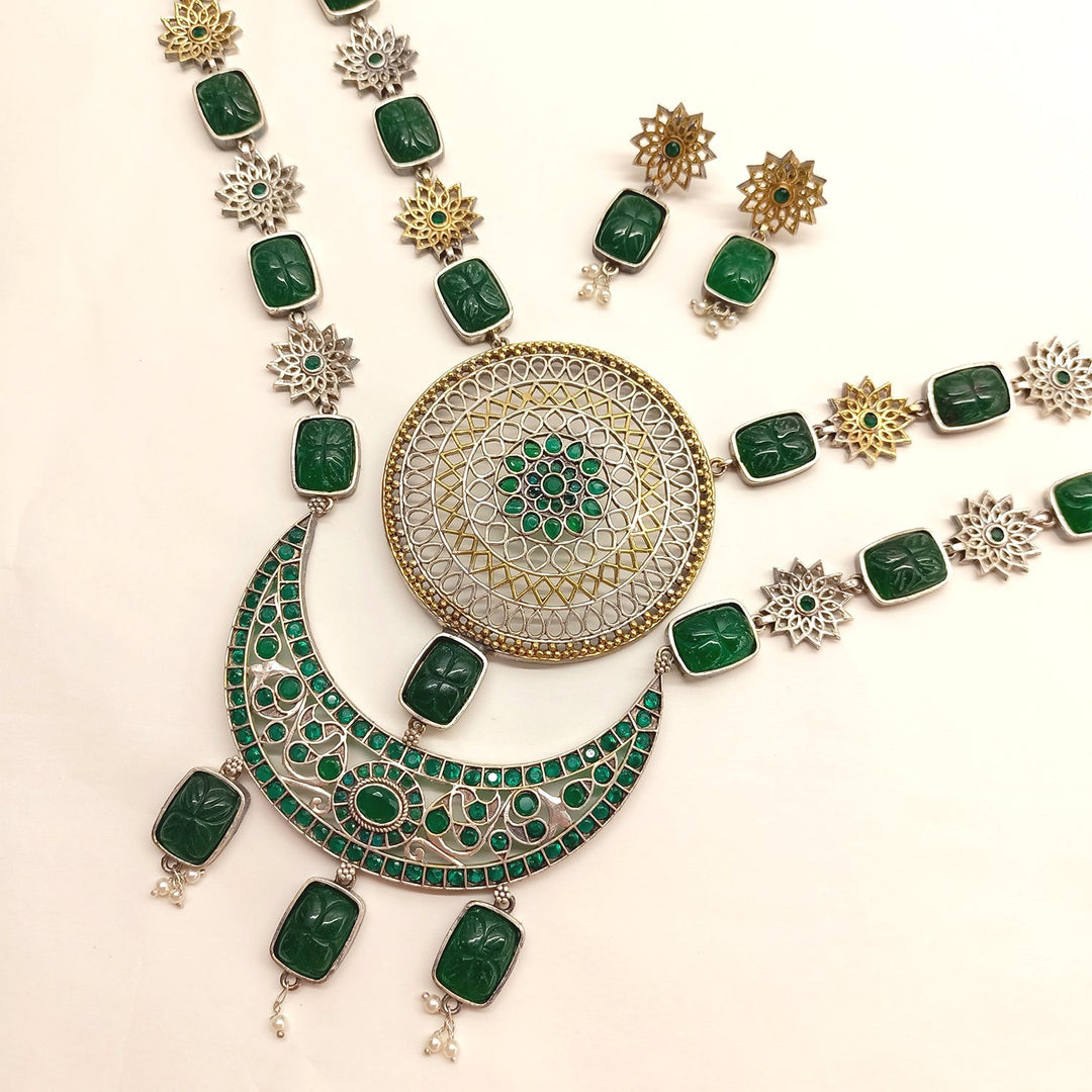 Khursheed Oxidised Necklace Set With Emerald Stone