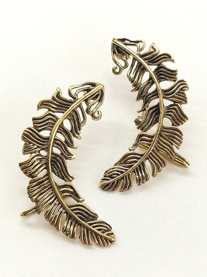Prarik Men’s Antique Gold Feather Earrings - 4 cm Pair