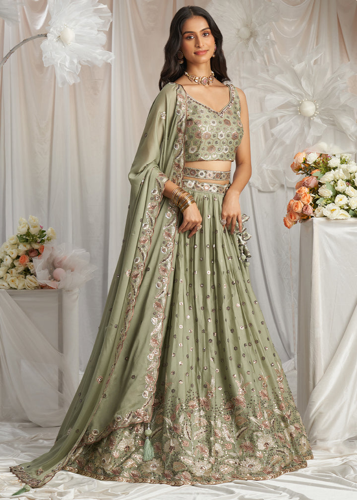 Clover Green Georgette Lehenga Choli Adorned with Sequins Work