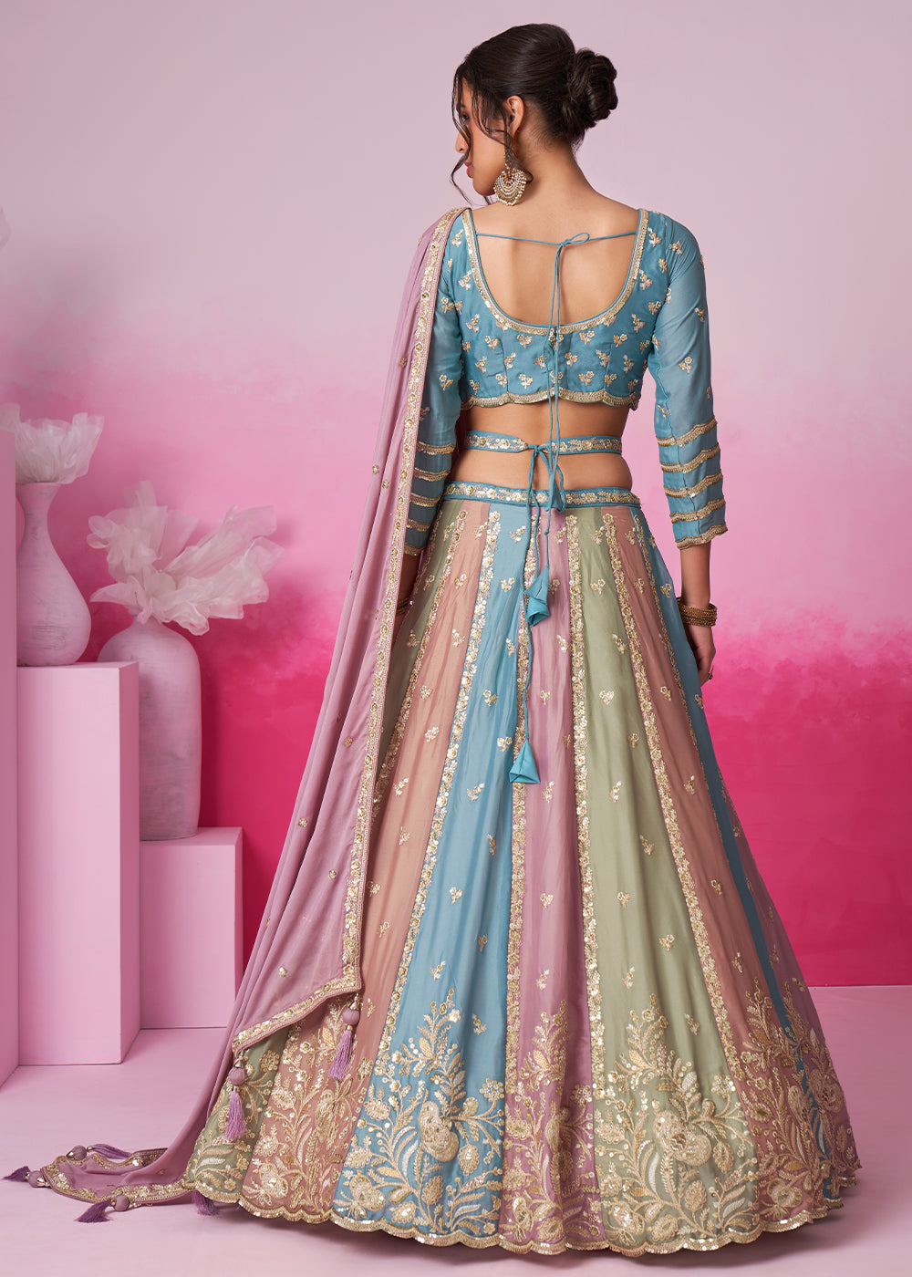 Blue & Green Georgette Lehenga Choli Adorned with Sequins Embroidery Work