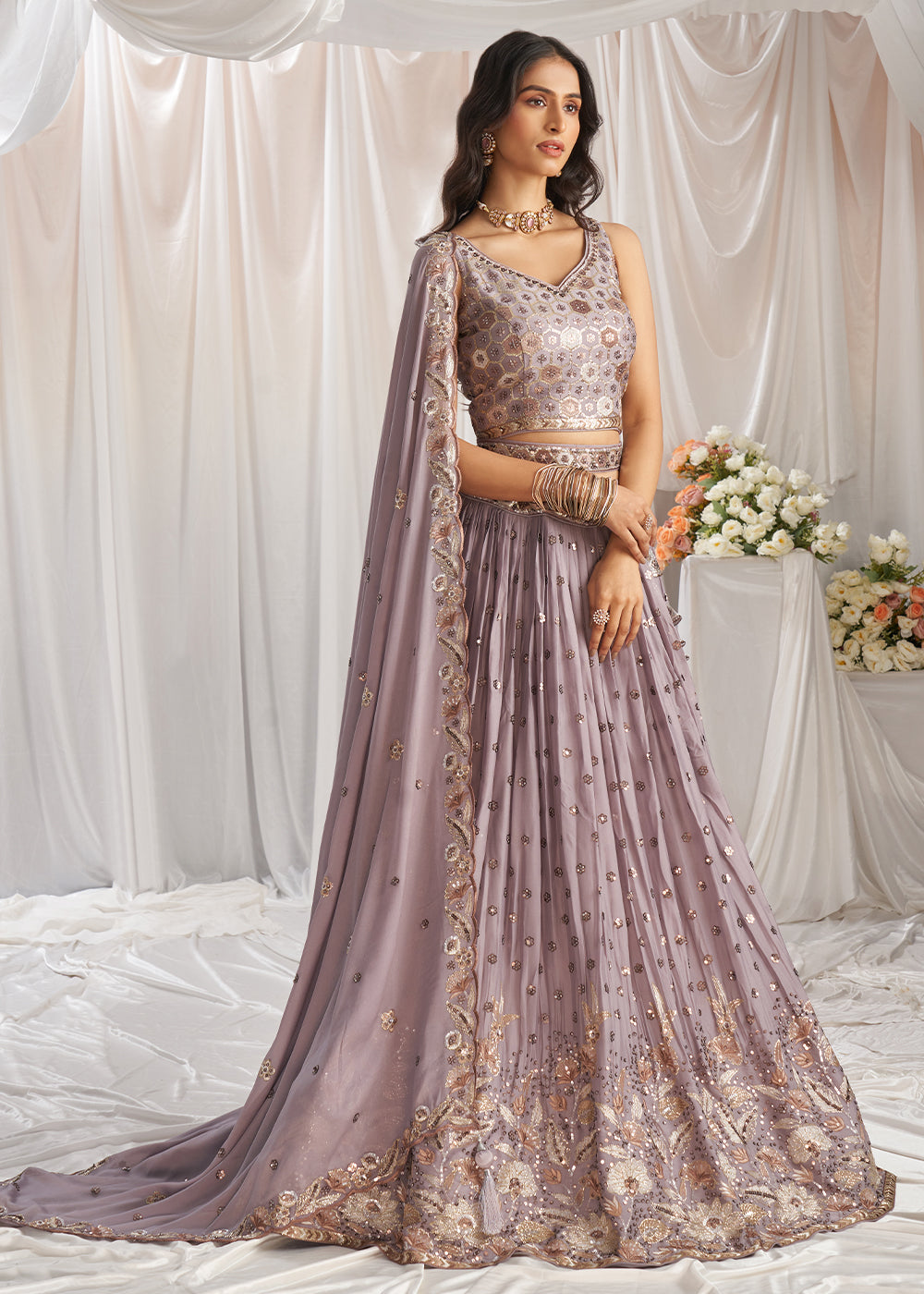 African Purple Georgette Lehenga Choli Adorned with Sequins Work