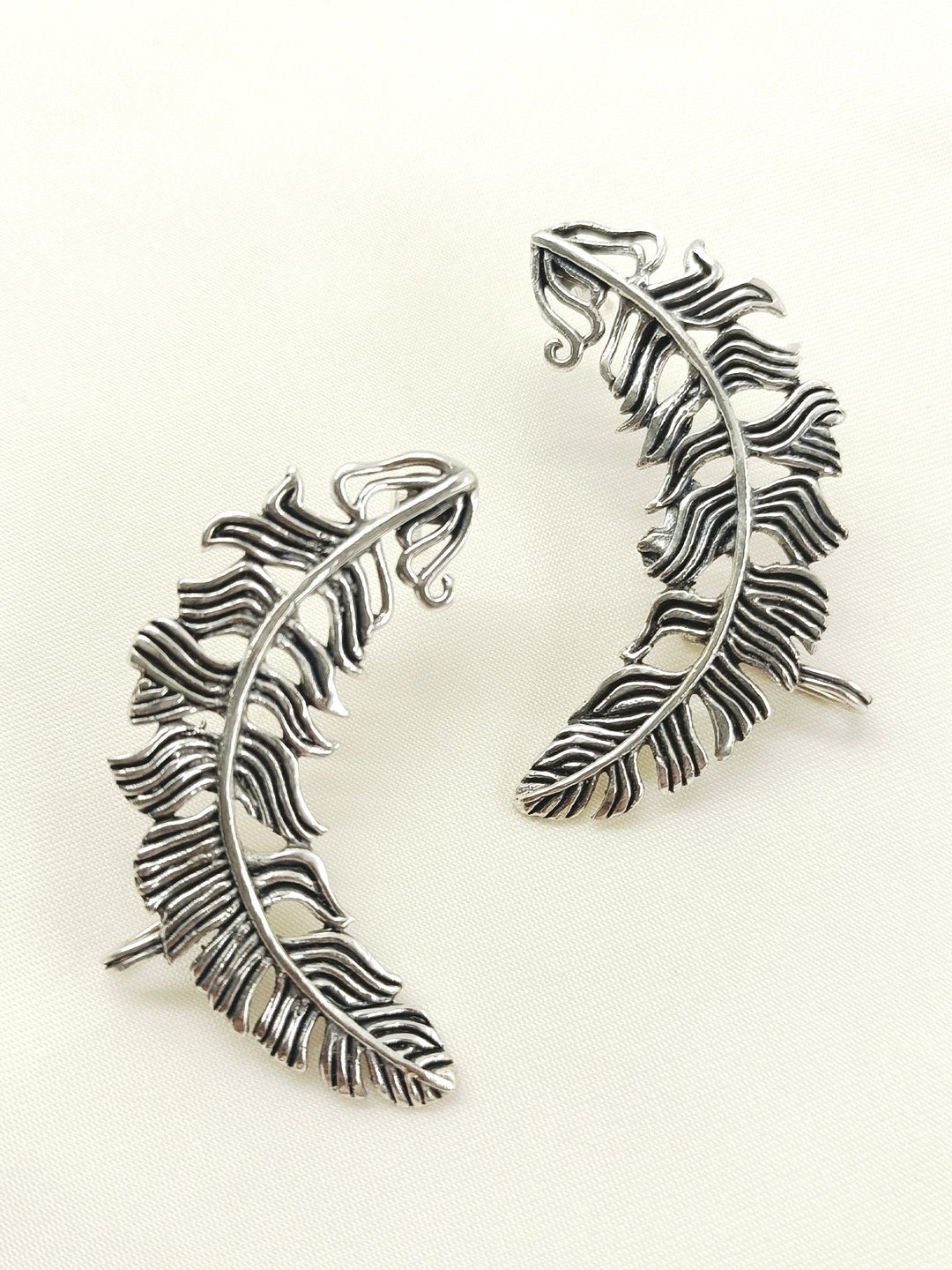Aadith Silver Men’s Oxidized Silver Feather Earrings - Ear