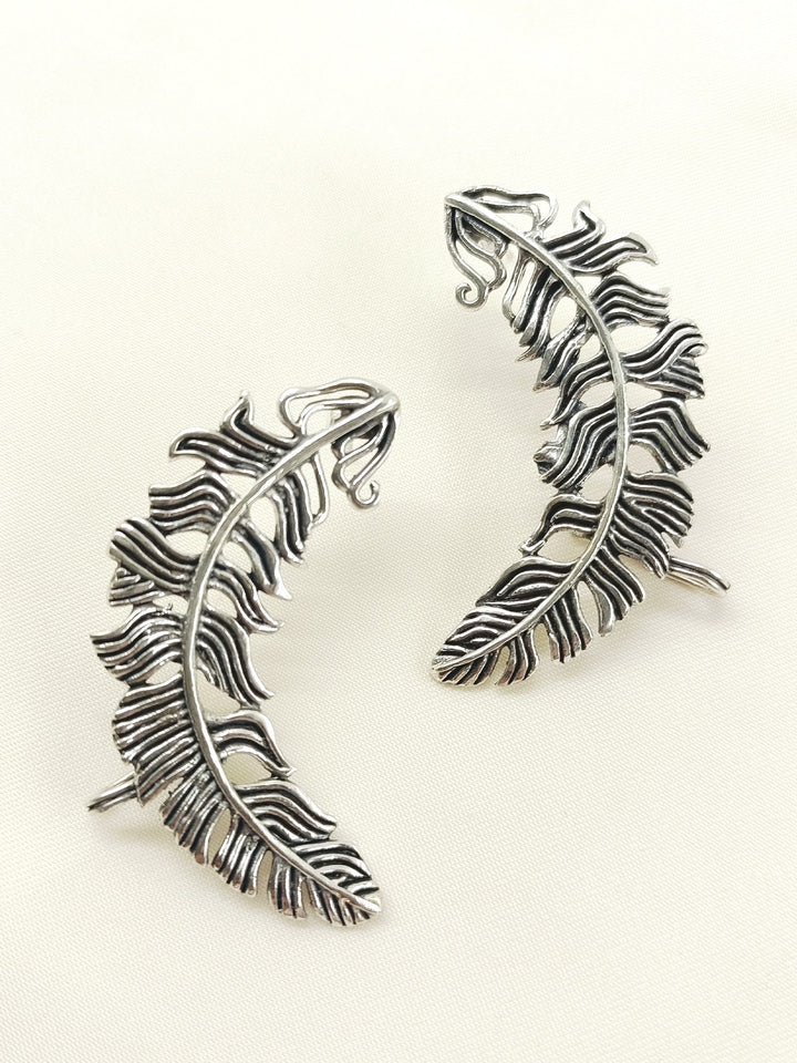 Aadith Silver Men’s Oxidized Silver Feather Earrings - Ear