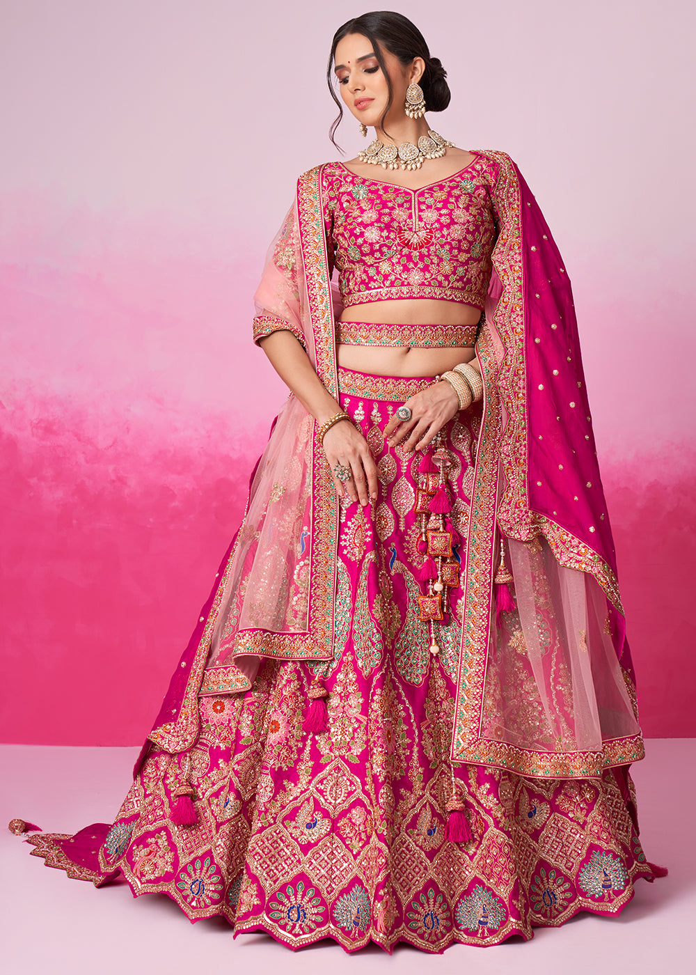 Hot Pink Silk Lehenga Choli Adorned with Moti & Sequins Embroidery Work: Bridal Collection