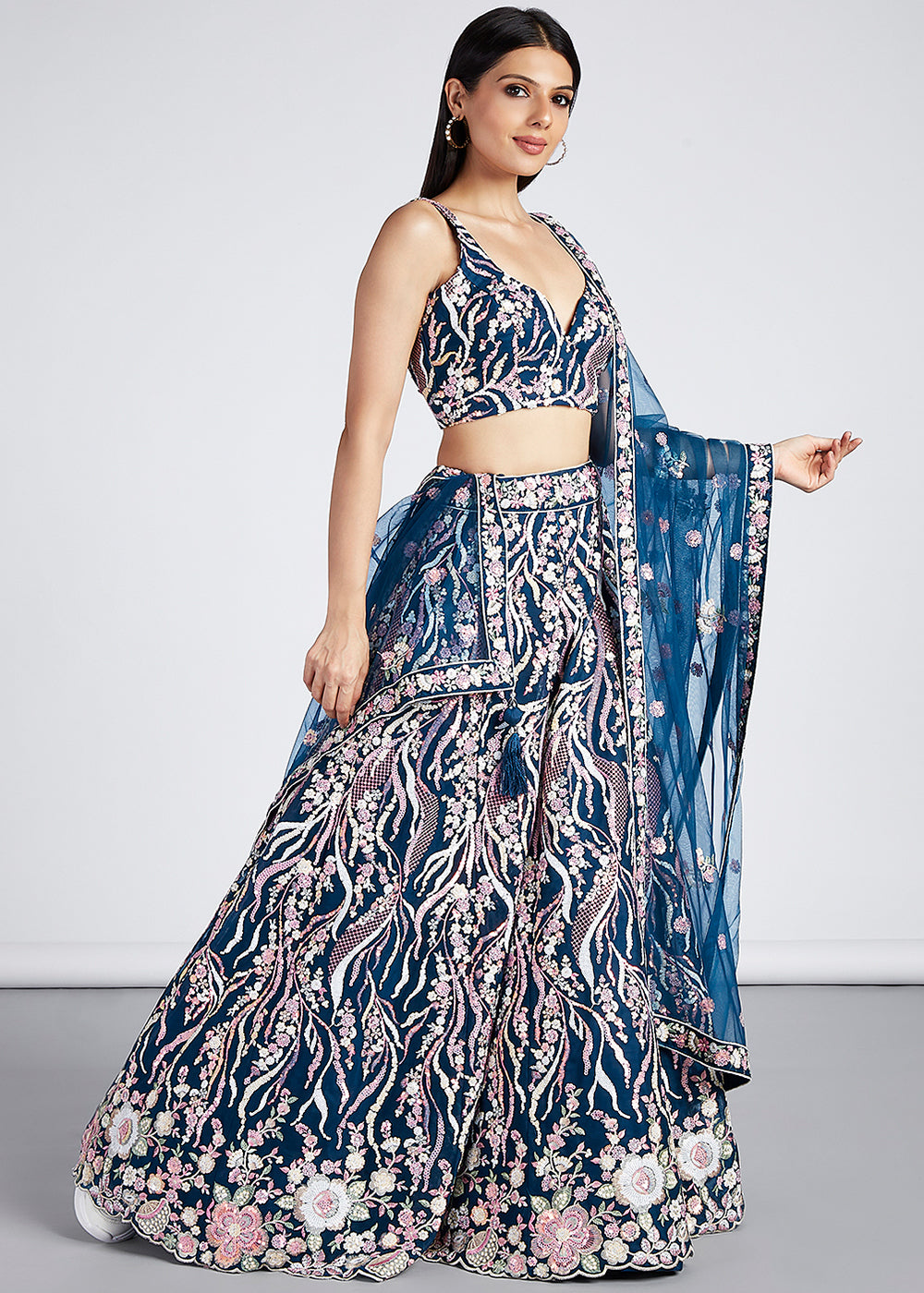 Navy Blue Net Lehenga Choli Highlighted with Sequins & Thread Embroidery