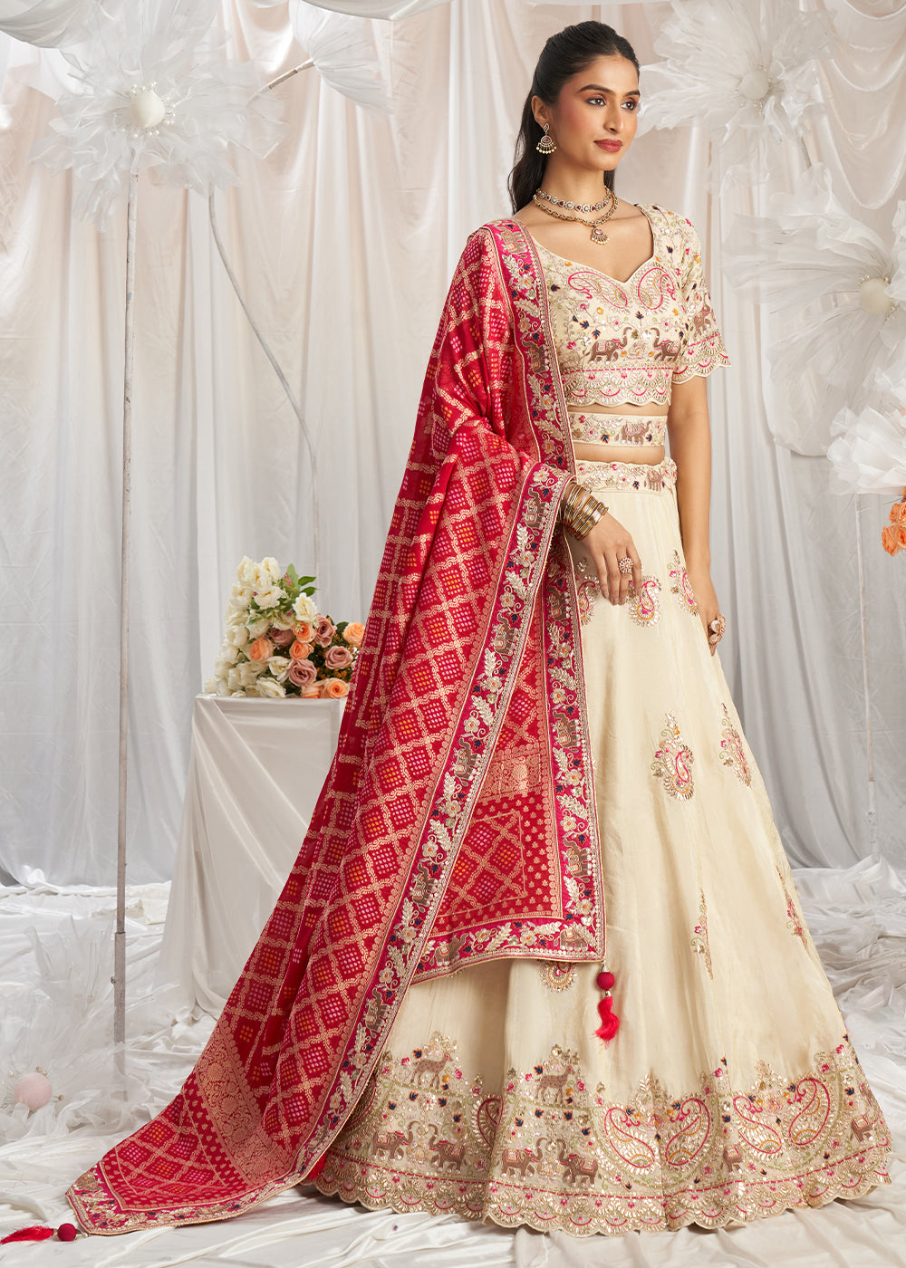 Cream White & Pink Tissue Lehenga Choli Intricate with Gotapatti Embroidery Work