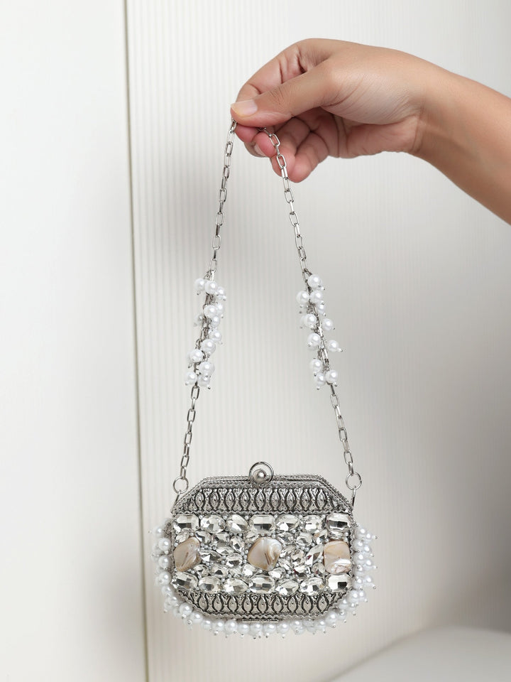 Pavani Octagon Silver Mini Metal Clutch