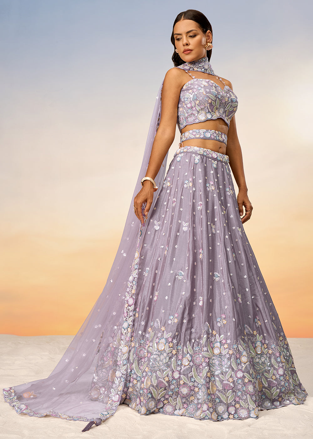 Periwinkle Purple Chiffon Lehenga Choli Adorned with Sequins & Thread Embroidery