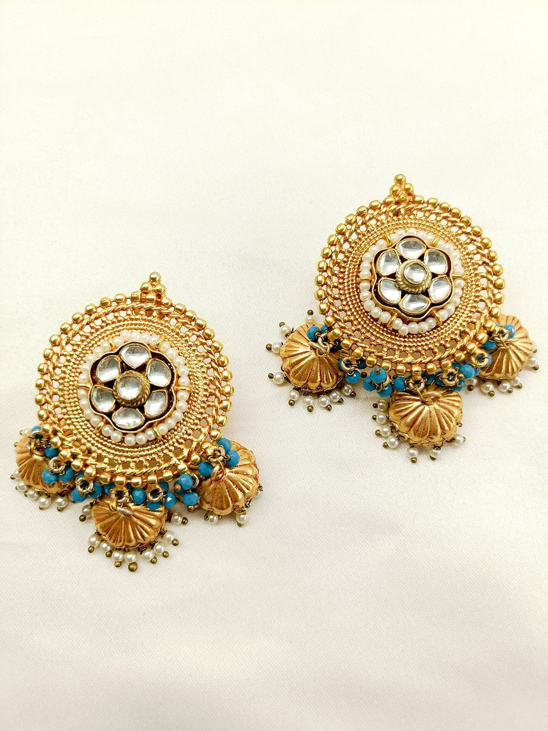 Kajal Sky Blue Stone Gold Plated Antique Jhumki