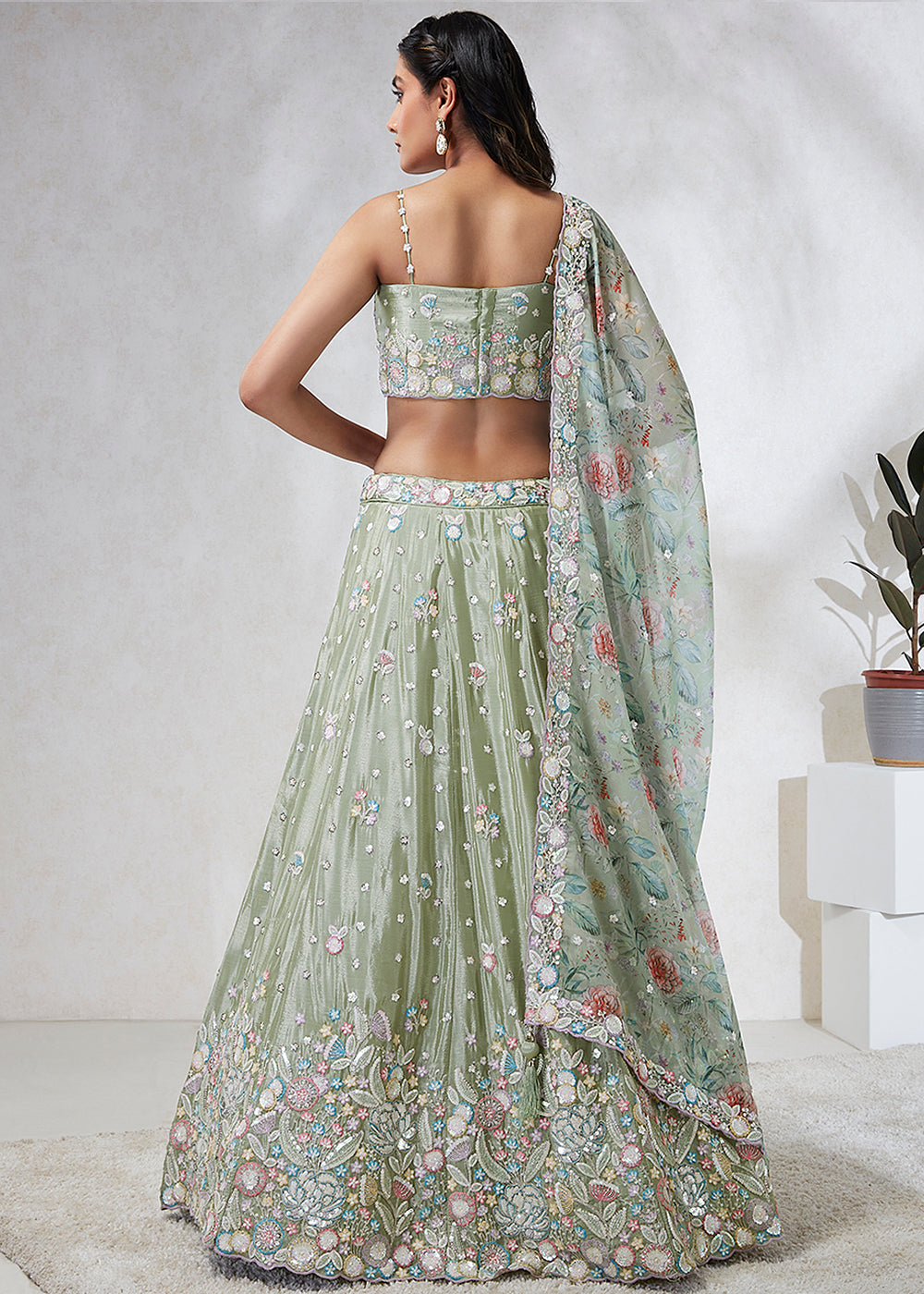 Sage Green Silk Chiffon Lehenga Choli Adorned with Sequins & Thread Embroidery