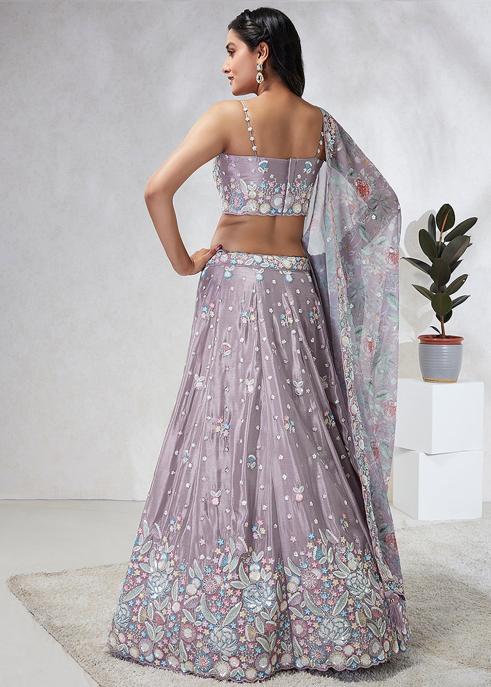 Veronica Purple Silk Chiffon Lehenga Choli Adorned with Sequins & Thread Embroidery