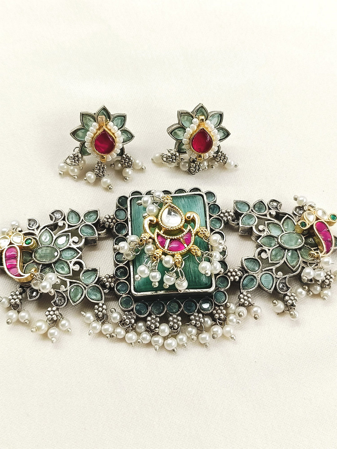 Vanshika Mint Green Oxidized Choker Set