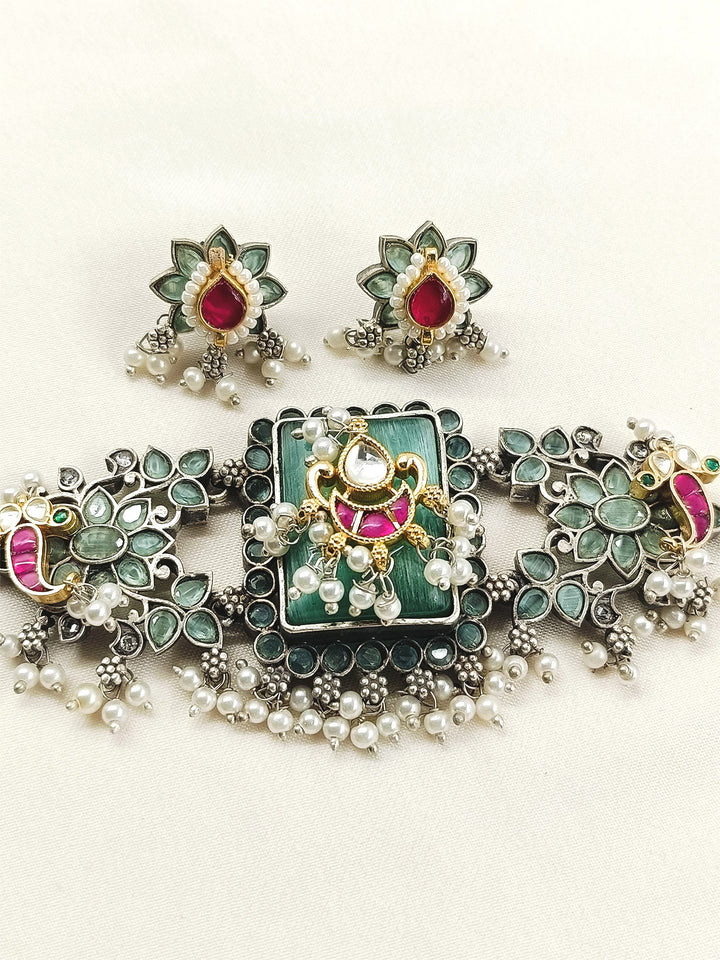 Vanshika Mint Green Oxidized Choker Set