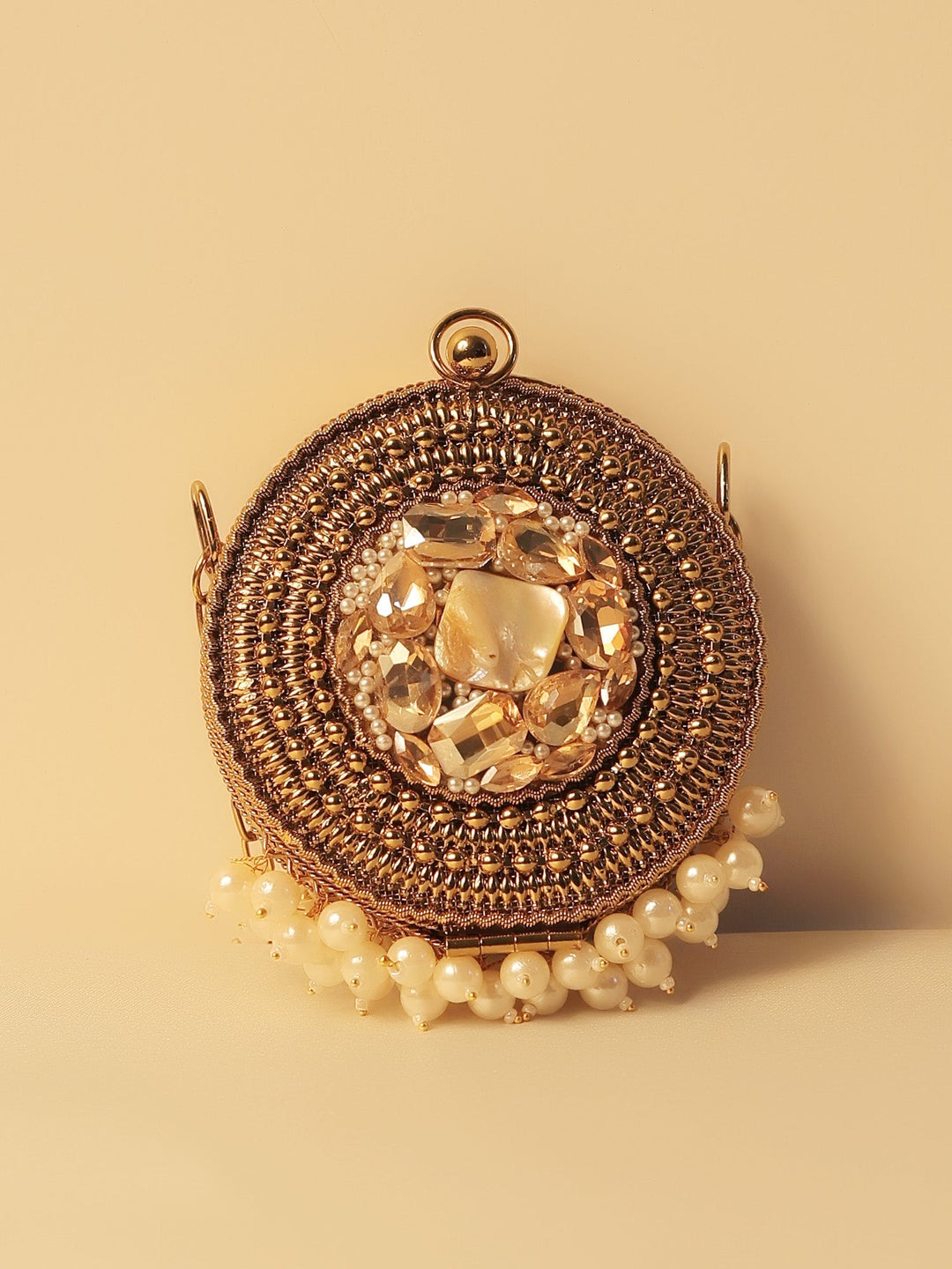 Arshika Golden Mini Metal Clutch - Antique Gold Pearl