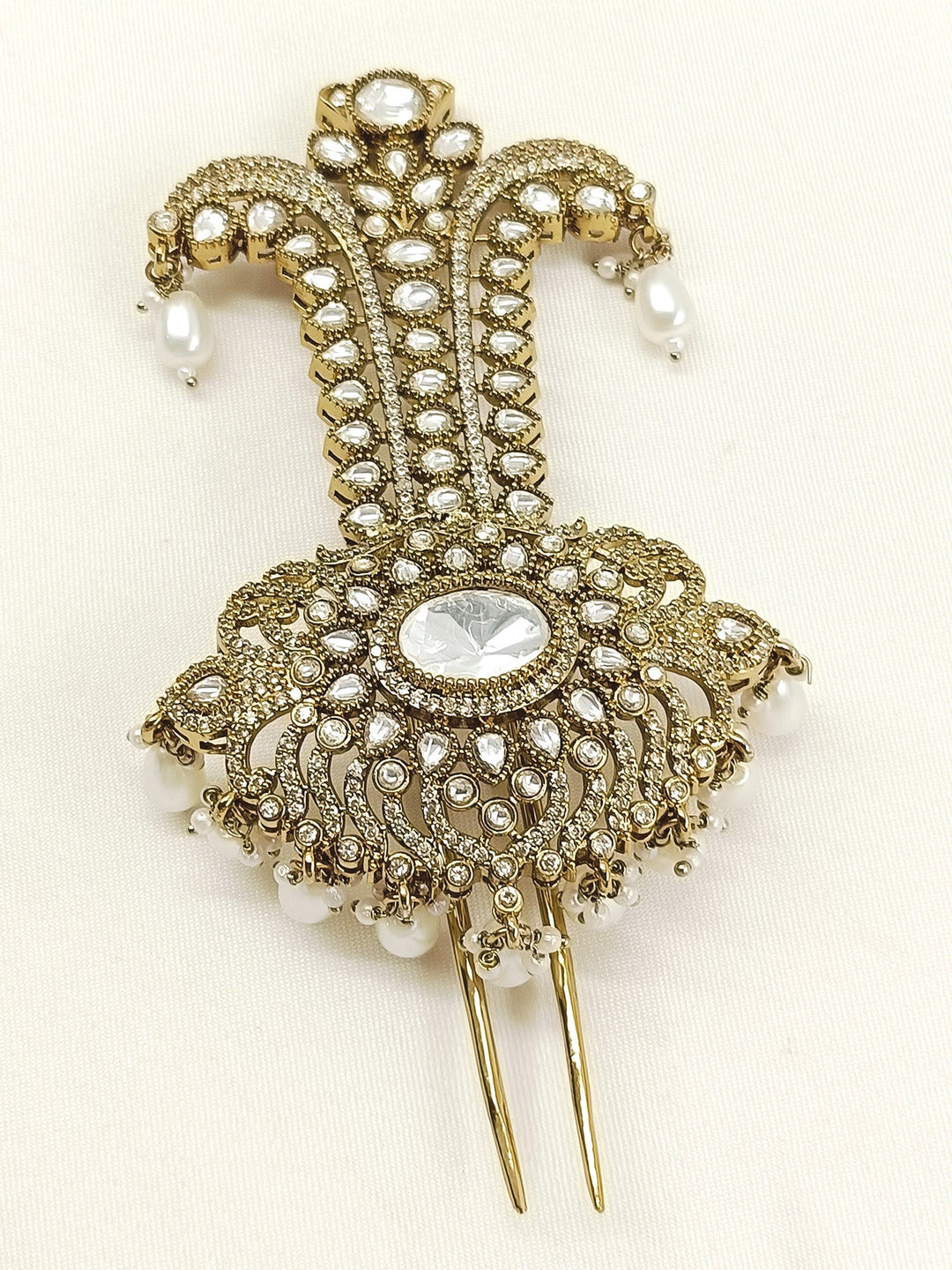 Vedant White Dulha Kalgi - Antique Gold Bridal Ornament