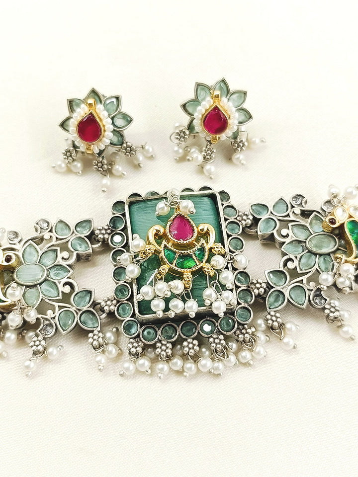 Noshin Mint Green Oxidized Choker Set