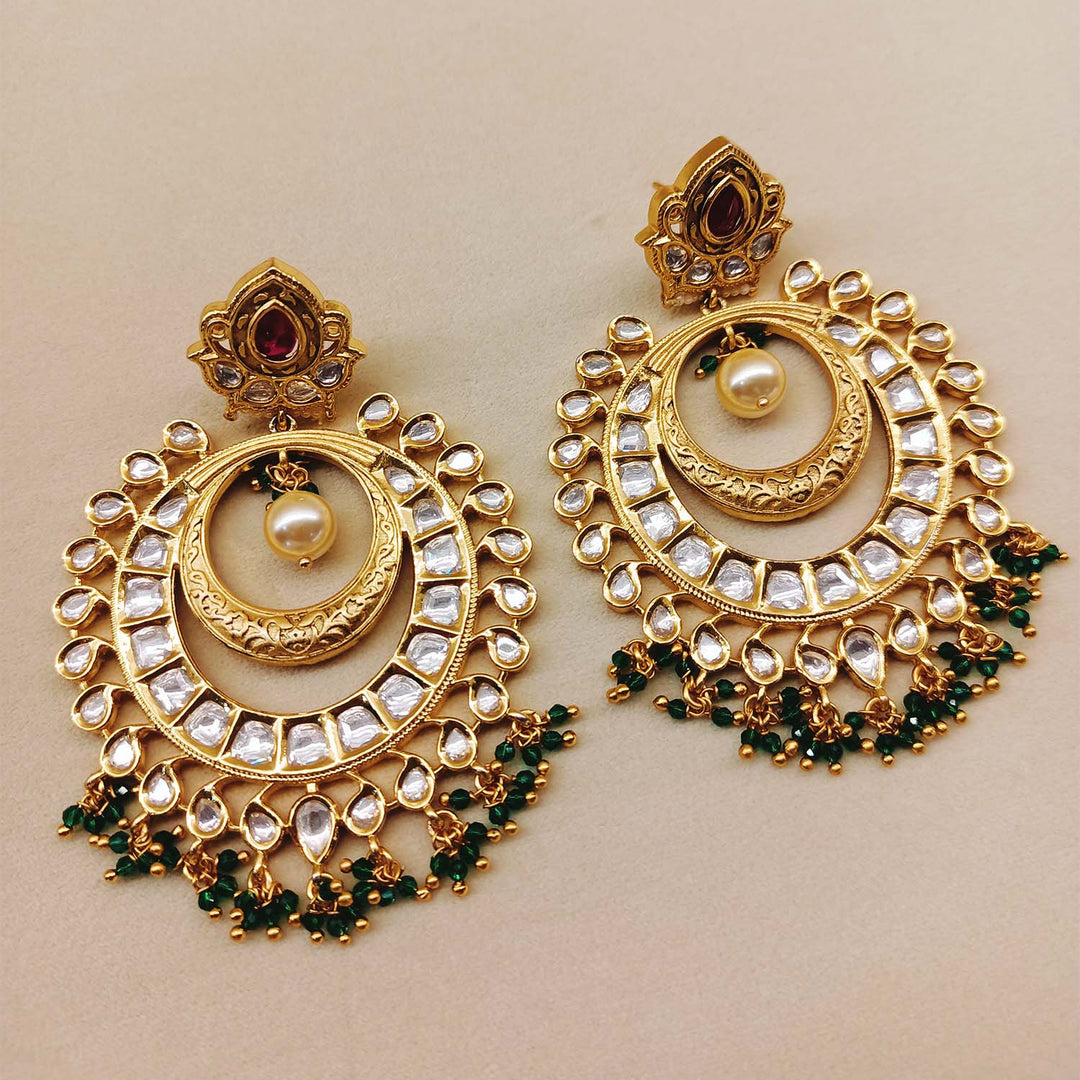 Manju Rose Pink & Green Gold Plated Kundan Earrings