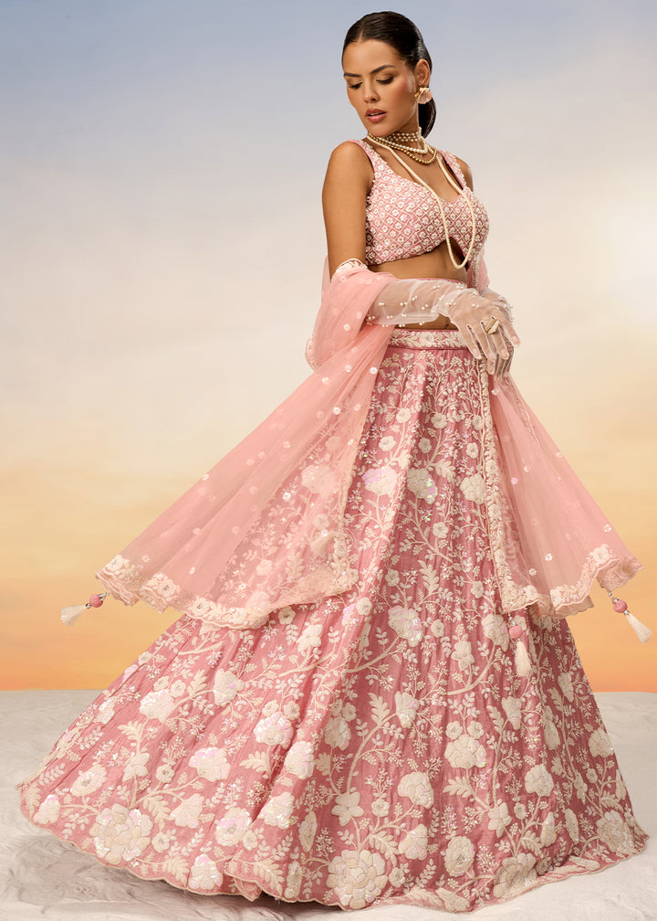 Peach Pink Georgette Lehenga Choli Highlighted with Sequins & Zarkan Embroidery