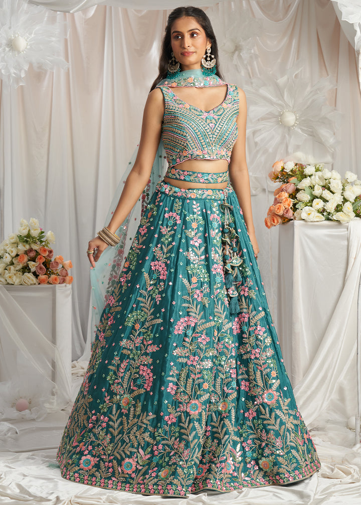 Teal Green Georgette Lehenga Choli Adorned with Sequins Embroidery