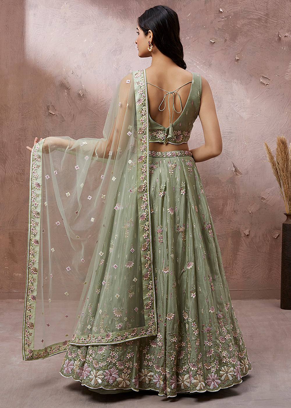 Lime Green Georgette Lehenga Choli Highlighted with Zarkan and Sequins Work