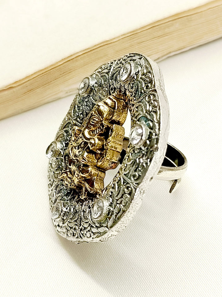 Ridhanshi White Ganesh Ji Oxidized Finger Ring