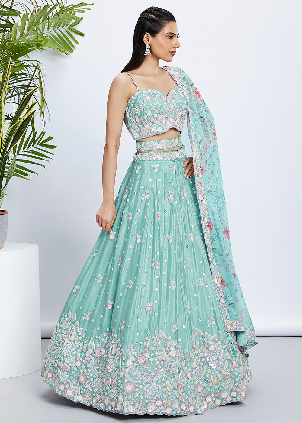 Light Sea Green Silk Chiffon Lehenga Choli Adorned with Sequins & Thread Embroidery