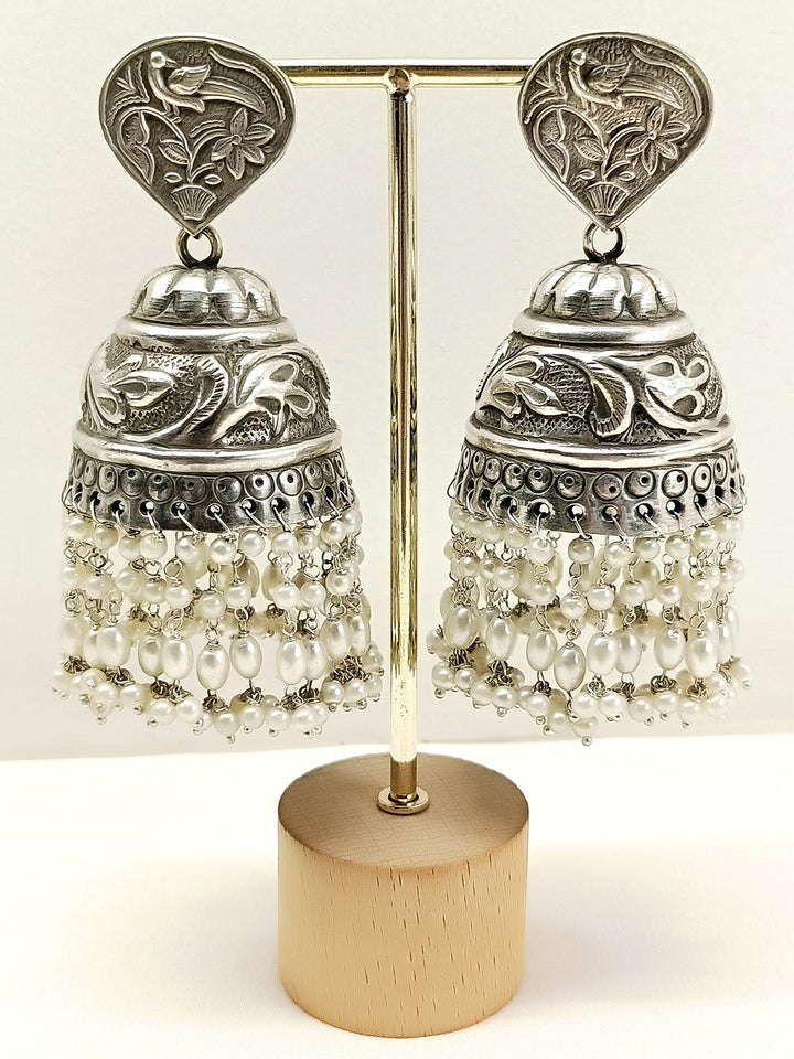 Ruchi White Pearl Oxidized Jhumki - Earrings 9.5 cm