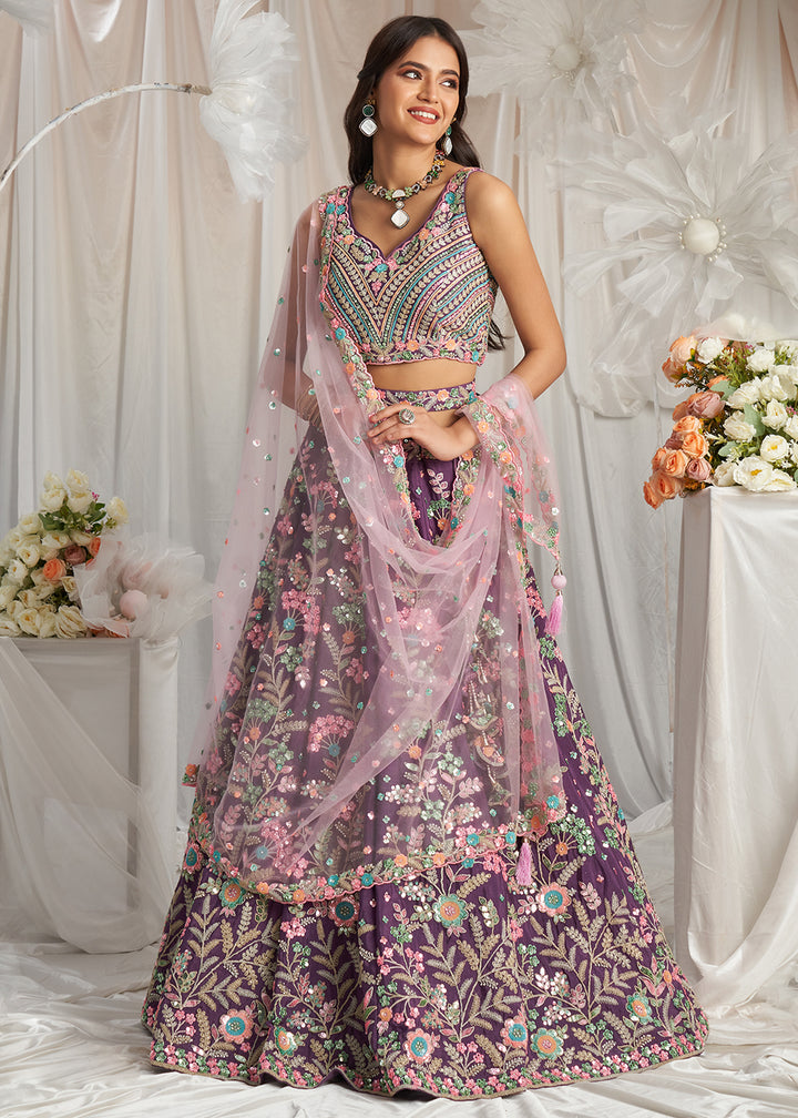 Pomegranate Purple Georgette Lehenga Choli Adorned with Sequins Embroidery