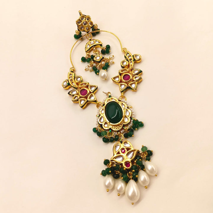 Prachi Long Kundan Earrings With Green Stone