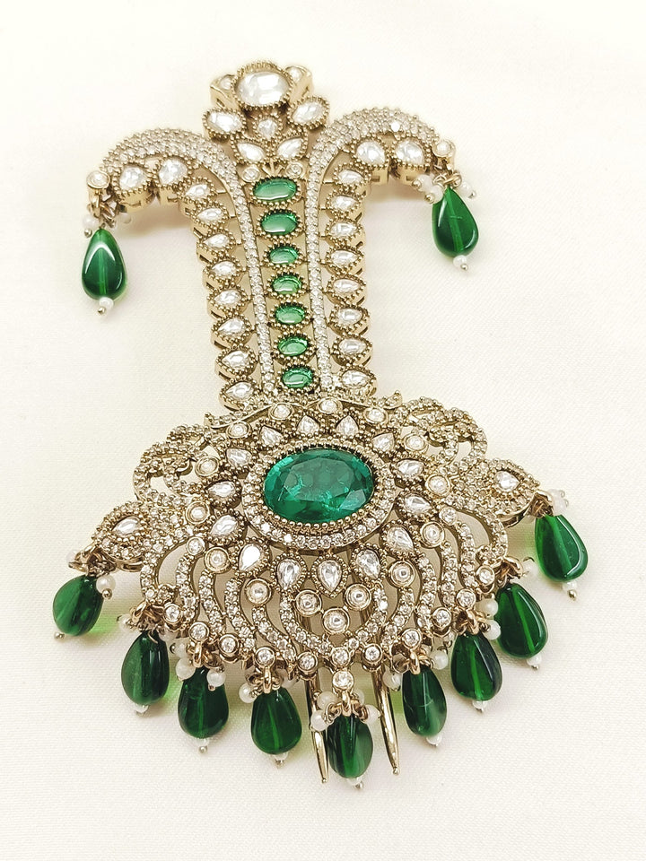 Kavinsh Green Dulha Kalgi - 12 cm Antique Gold Plating