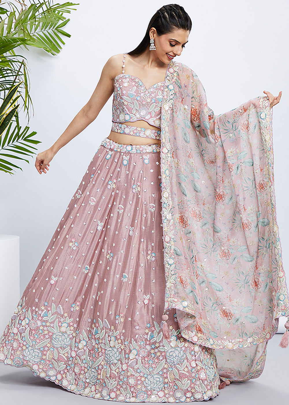 Rose Gold Pink Silk Chiffon Lehenga Choli Adorned with Sequins & Thread Embroidery