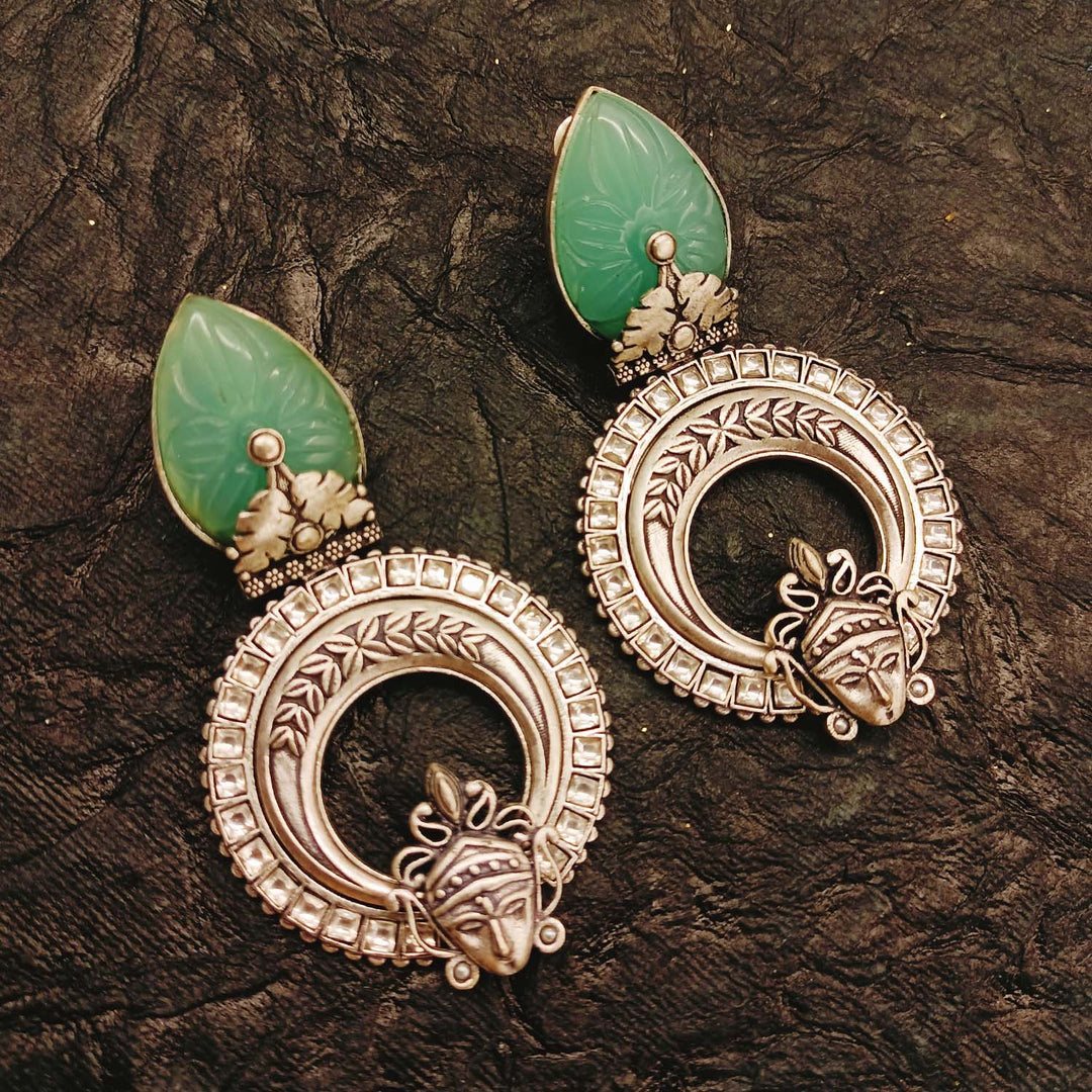 Mayura Mint Green Stone Temple Silver Plated Boutique Earrings