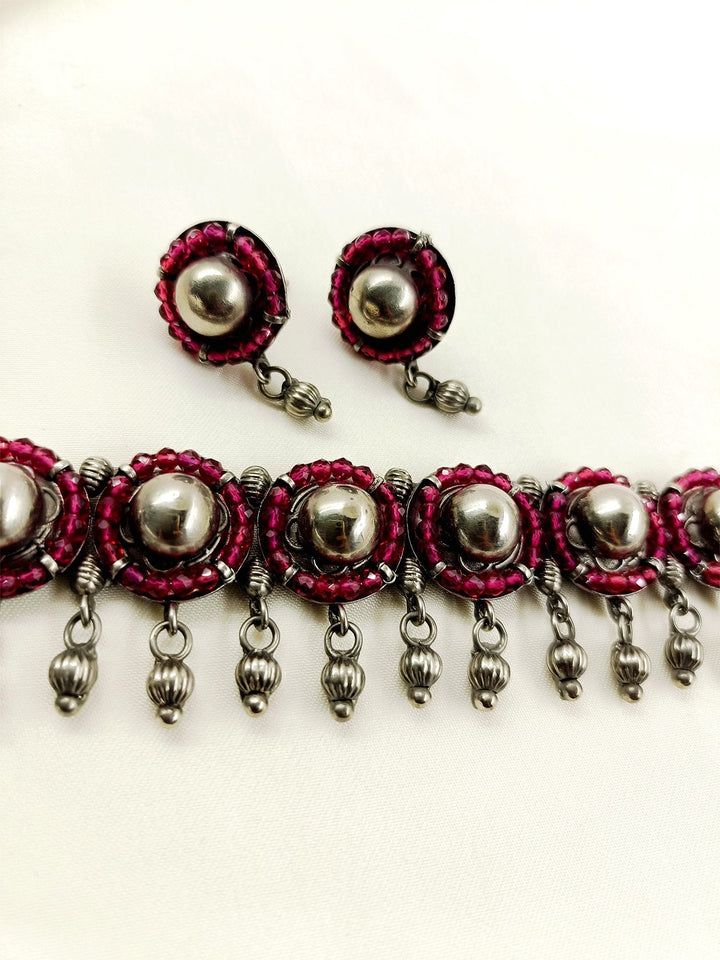 Adrika Ruby Oxidized Choker Set - Silver Plating Necklace