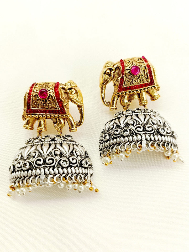 Ritvi Red Elephant Oxidized Earrings