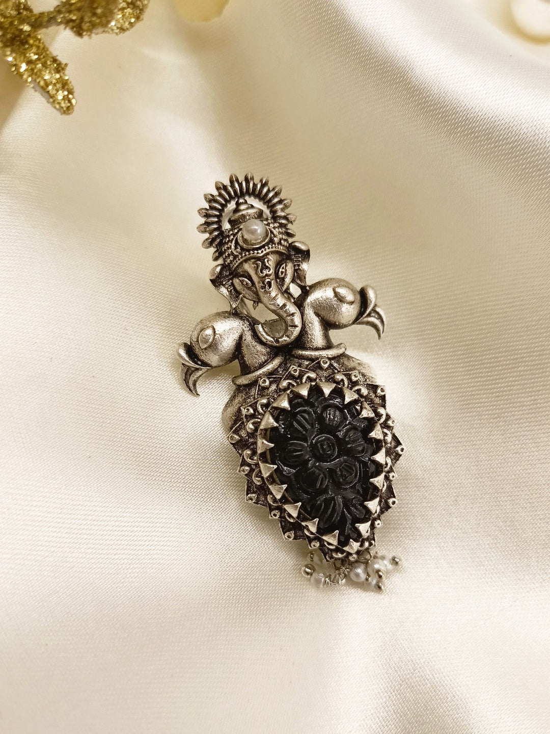 Naincy Ganesha Earrings With Black Carved Stone