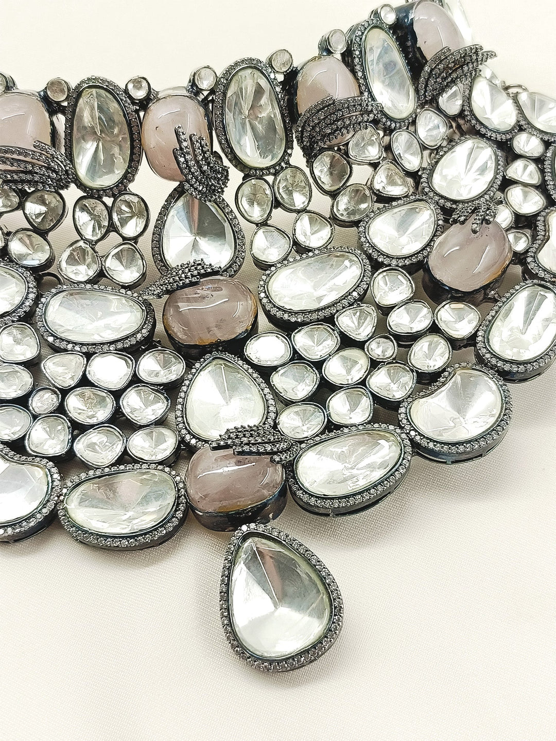 Sulakshna Grey Victorian Necklace Set - Rhodium-Plated Brass