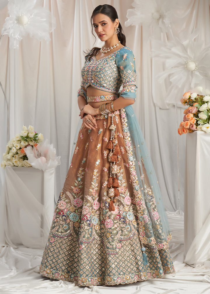 Mustard Yellow & Blue Net Lehenga Choli Adnored with Pearl & Gotapatti Embroidery work: The Bride's Edit