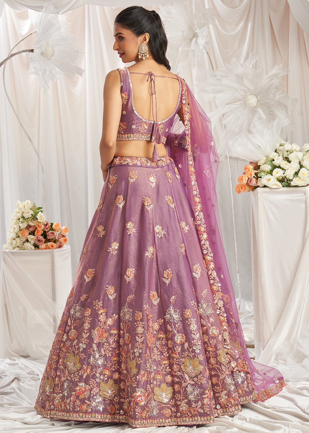 Lilac Purple Organza Lehenga Choli Adorned with Sequins Embroidery Work