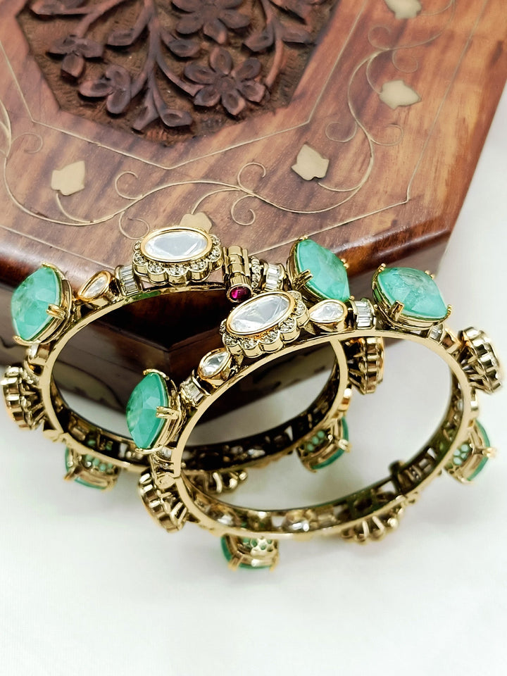 Malleshwari Mint Green Kundan Bangles - Antique Gold Plating