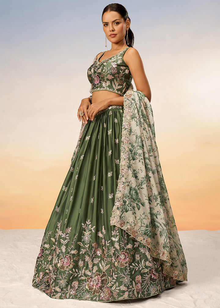 Olive Green Chiffon Lehenga Choli Adorned with Sequins Embroidery Work