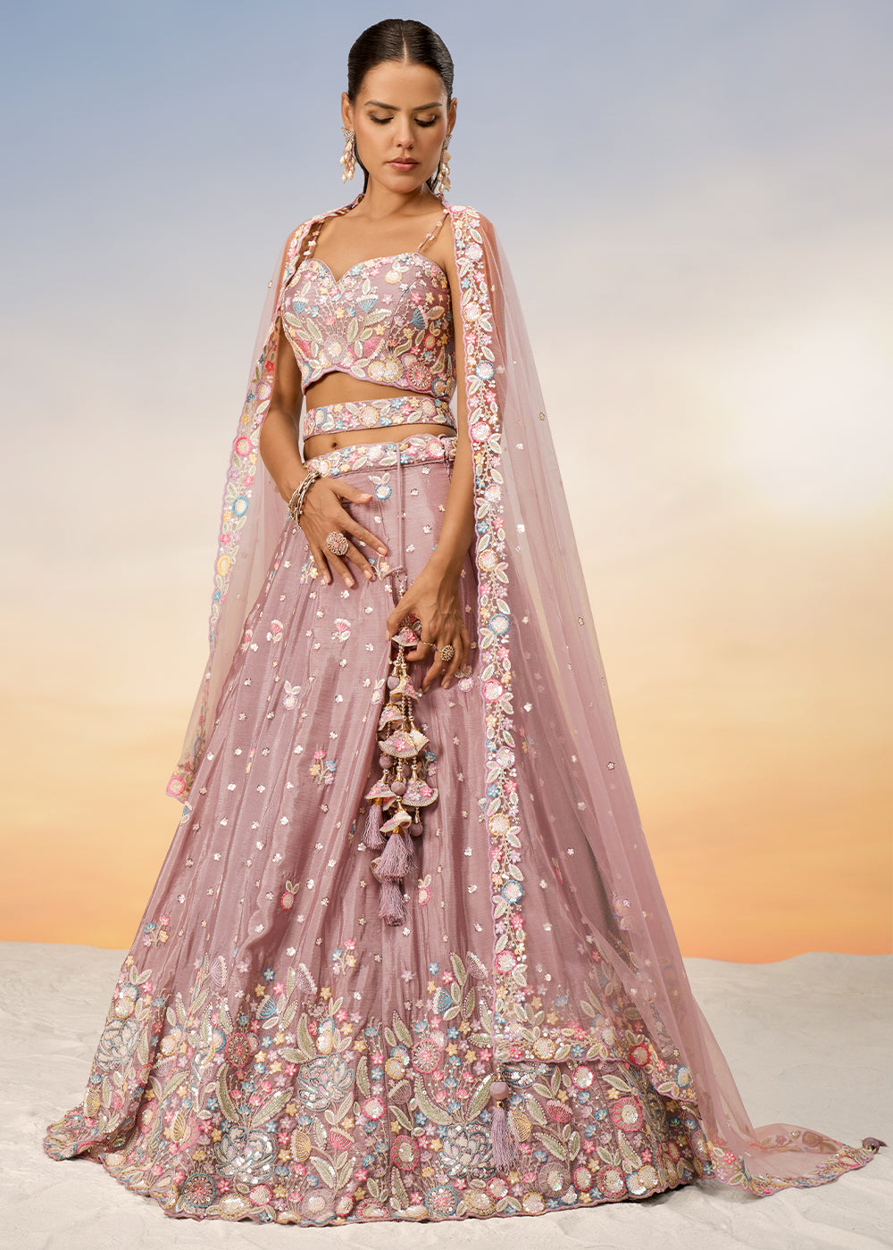 Rose Gold Pink Chiffon Lehenga Choli Adorned with Sequins & Thread Embroidery