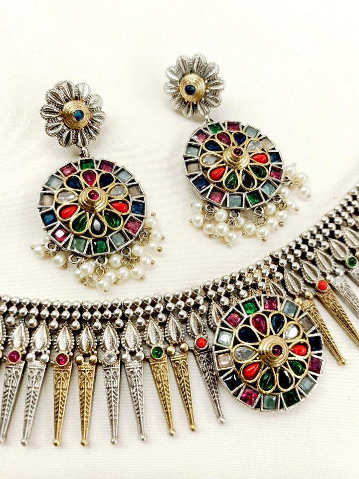 Indulekha Multi Colour German Silver Oxidized Necklace Set