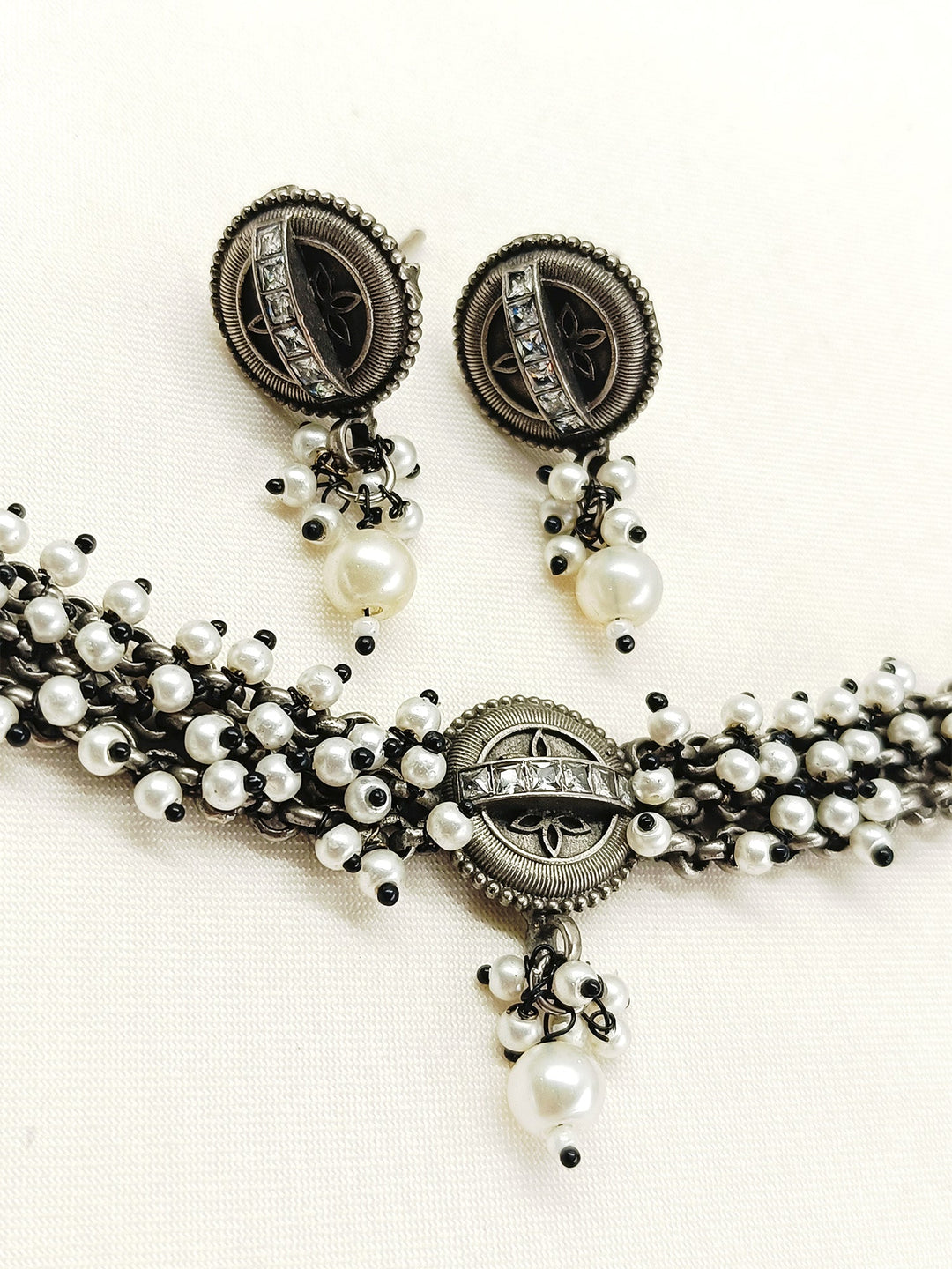 Candace White Pearl Oxidized Choker Set